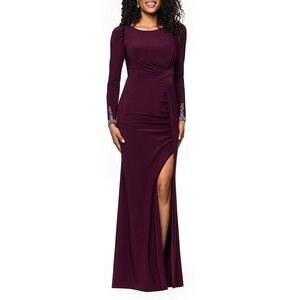 Long Sleeves With Beaded Embellishment Ruched Sheath Gown